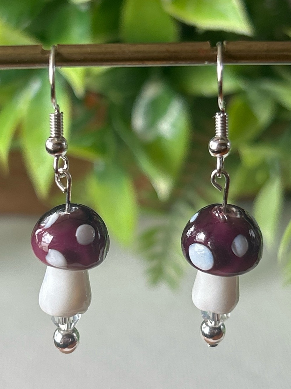 Handmade Purple Mushroom + Hematite Drop Earrings in silver